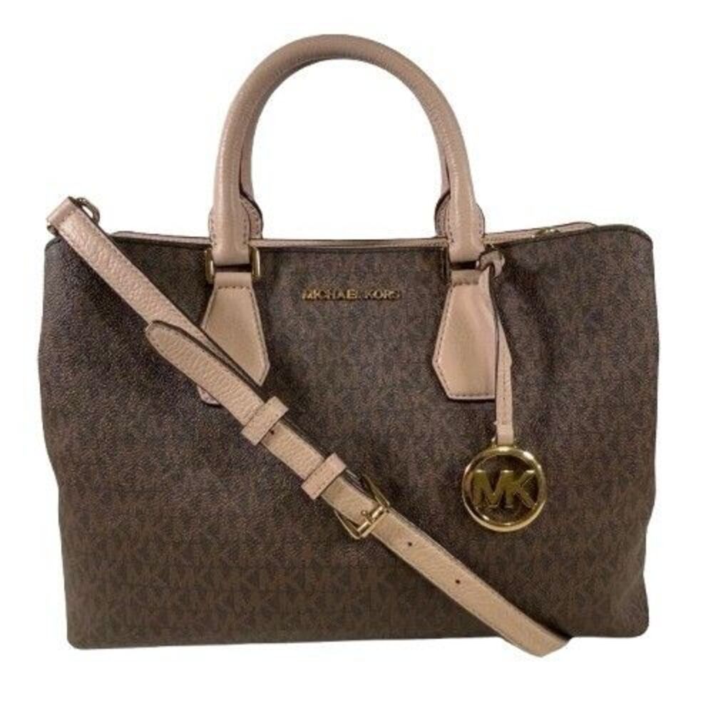 Michael Kors Camille Signature Logo & Leather Satchel Shoulder Bag Brown Pink